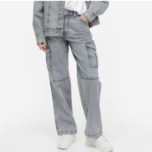 Divided HM Cargo Y2K Baggy W 10 Fit 32x29 Mid Rise Mid Grey Zip Button 6 Pockets - Picture 1 of 15